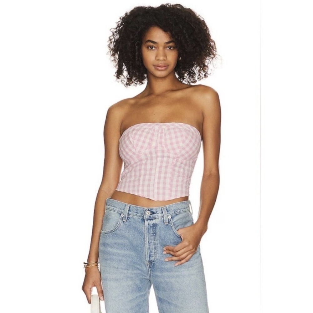Free People Leilani Gingham Tube Top Women's Pink Plaid Smocked Back Cropped